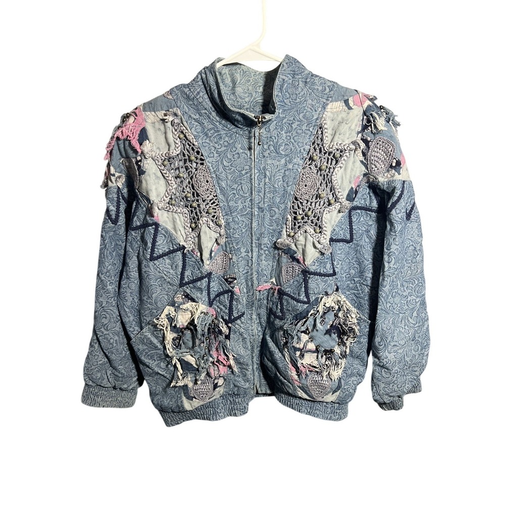 Vintage LIM'S Women's Bomber Jacket‎ 80s Denim Patchwork Embellished Art-to-Wear